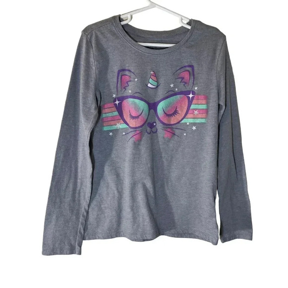 The Children's Place Other - The Childrens Place Girls Gray T Shirt Glitter Cat with Glasses Unicorn Horn Top